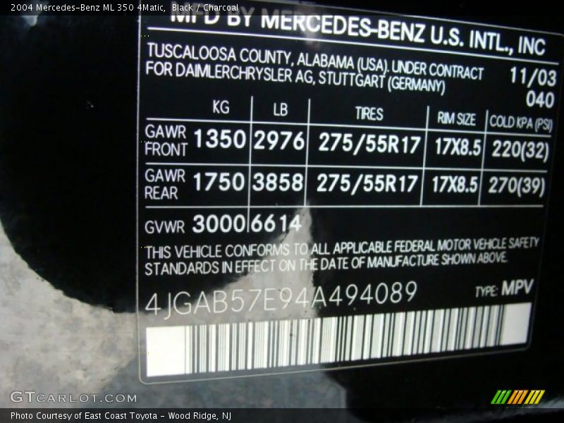 Black / Charcoal 2004 Mercedes-Benz ML 350 4Matic