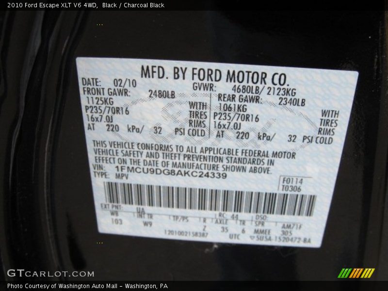 Black / Charcoal Black 2010 Ford Escape XLT V6 4WD