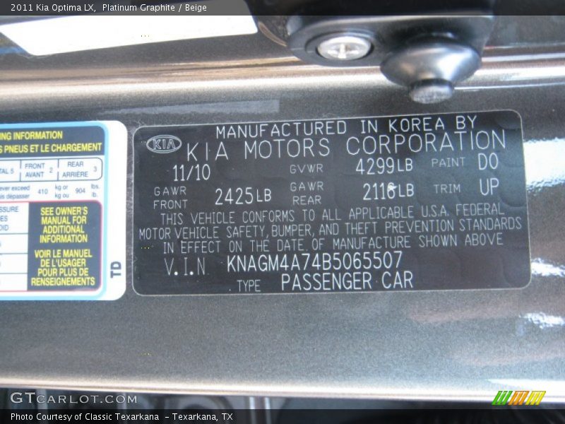 Platinum Graphite / Beige 2011 Kia Optima LX