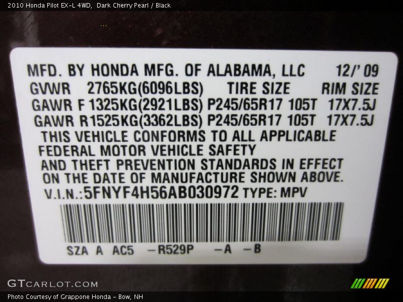 Dark Cherry Pearl / Black 2010 Honda Pilot EX-L 4WD