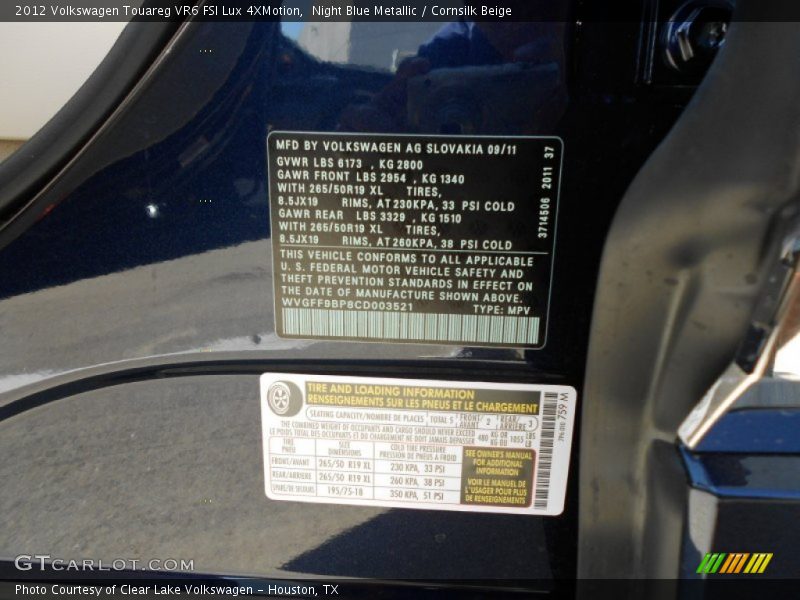 Info Tag of 2012 Touareg VR6 FSI Lux 4XMotion
