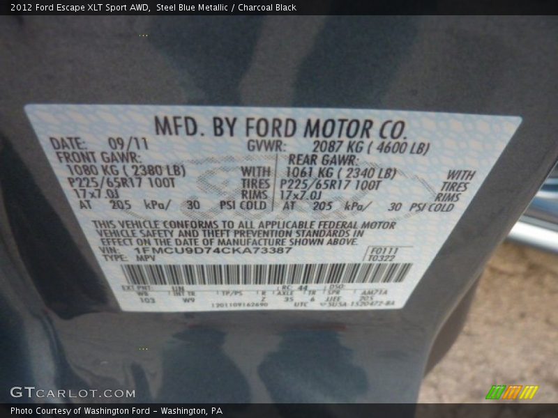 Steel Blue Metallic / Charcoal Black 2012 Ford Escape XLT Sport AWD
