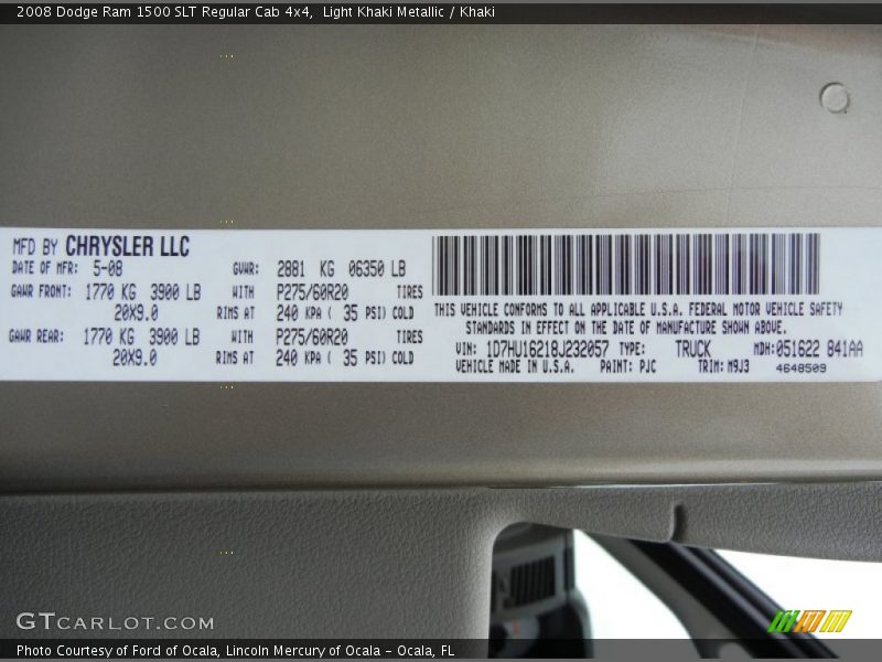 2008 Ram 1500 SLT Regular Cab 4x4 Light Khaki Metallic Color Code PJC
