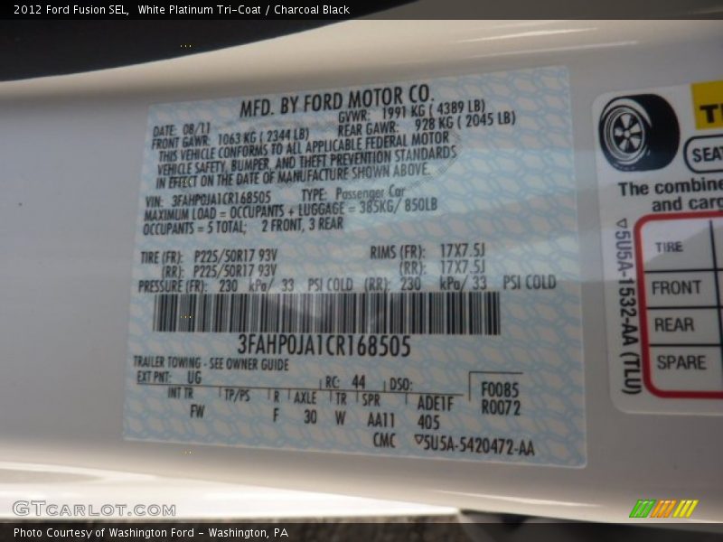White Platinum Tri-Coat / Charcoal Black 2012 Ford Fusion SEL