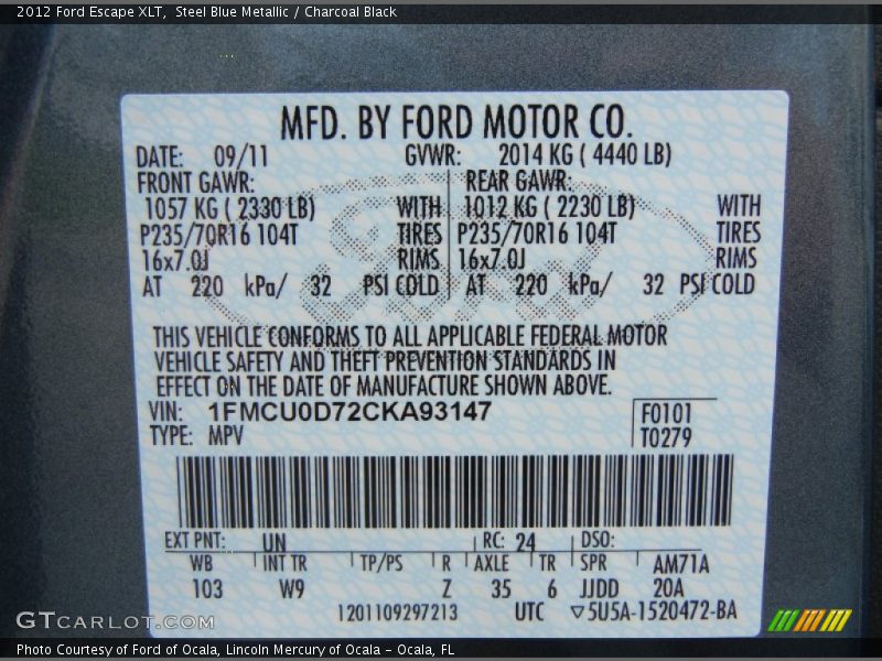 Steel Blue Metallic / Charcoal Black 2012 Ford Escape XLT