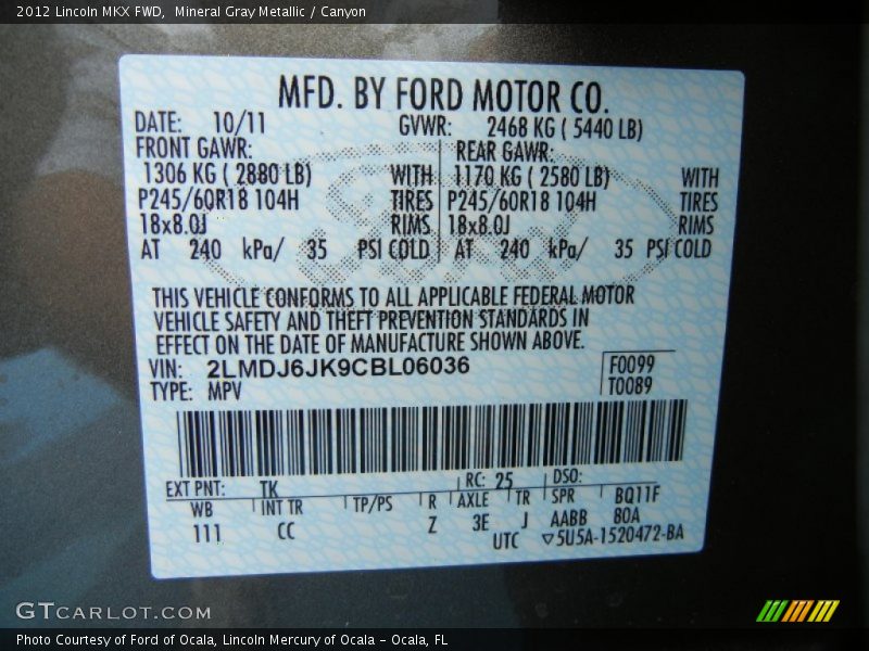 2012 MKX FWD Mineral Gray Metallic Color Code TK