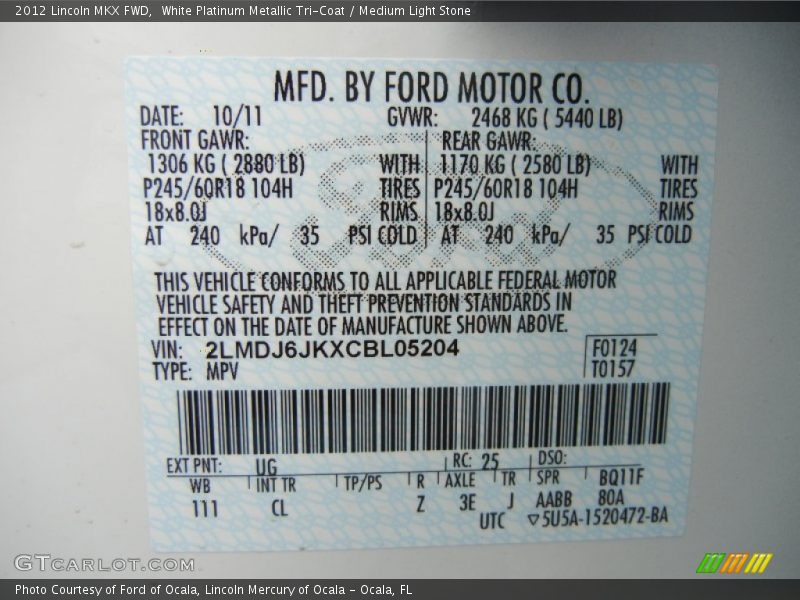 2012 MKX FWD White Platinum Metallic Tri-Coat Color Code UG