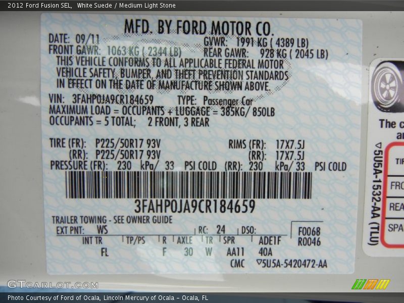 White Suede / Medium Light Stone 2012 Ford Fusion SEL