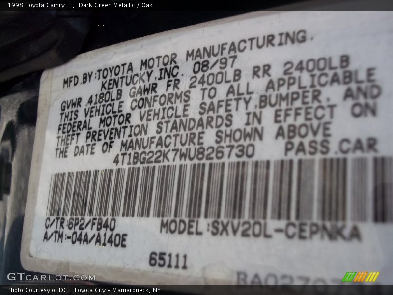 Dark Green Metallic / Oak 1998 Toyota Camry LE