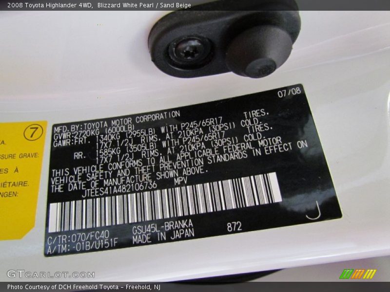 Blizzard White Pearl / Sand Beige 2008 Toyota Highlander 4WD