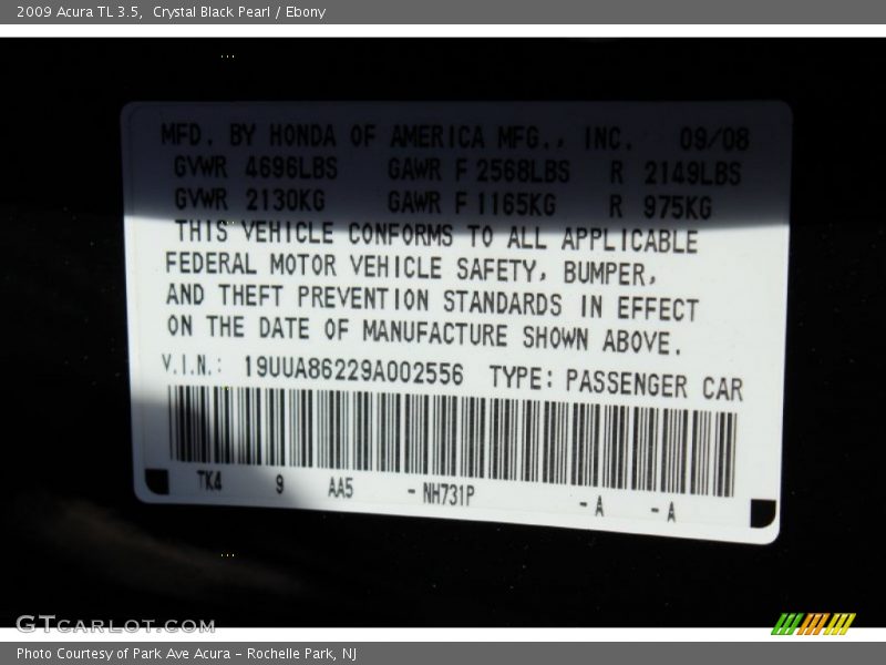 Crystal Black Pearl / Ebony 2009 Acura TL 3.5