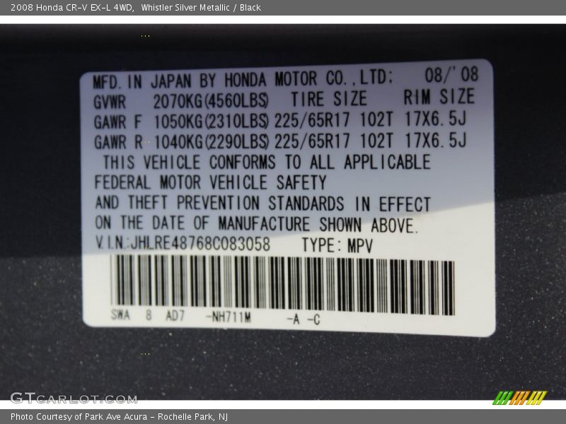 Whistler Silver Metallic / Black 2008 Honda CR-V EX-L 4WD