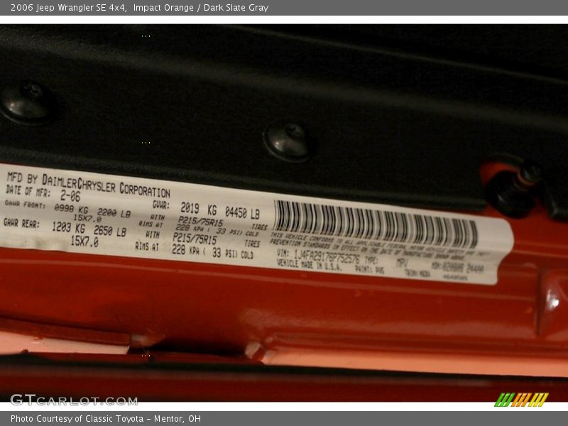 Impact Orange / Dark Slate Gray 2006 Jeep Wrangler SE 4x4