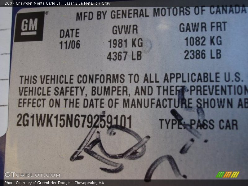 Laser Blue Metallic / Gray 2007 Chevrolet Monte Carlo LT