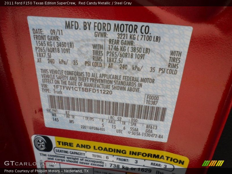 Red Candy Metallic / Steel Gray 2011 Ford F150 Texas Edition SuperCrew