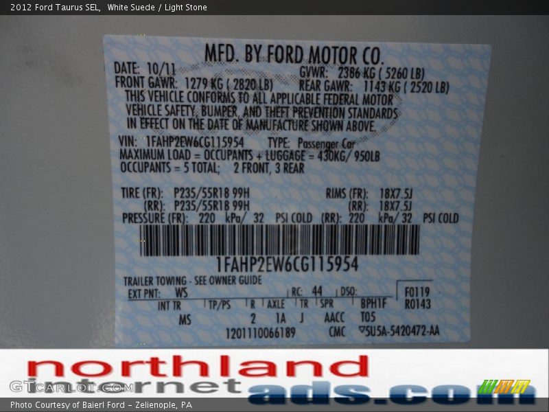 White Suede / Light Stone 2012 Ford Taurus SEL