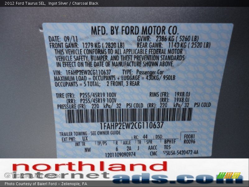 Ingot Silver / Charcoal Black 2012 Ford Taurus SEL