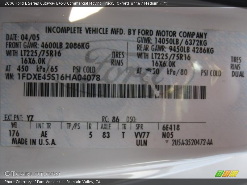 2006 E Series Cutaway E450 Commercial Moving Truck Oxford White Color Code YZ