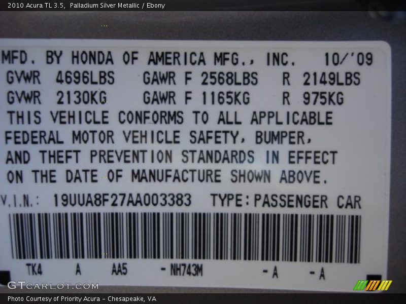 Palladium Silver Metallic / Ebony 2010 Acura TL 3.5