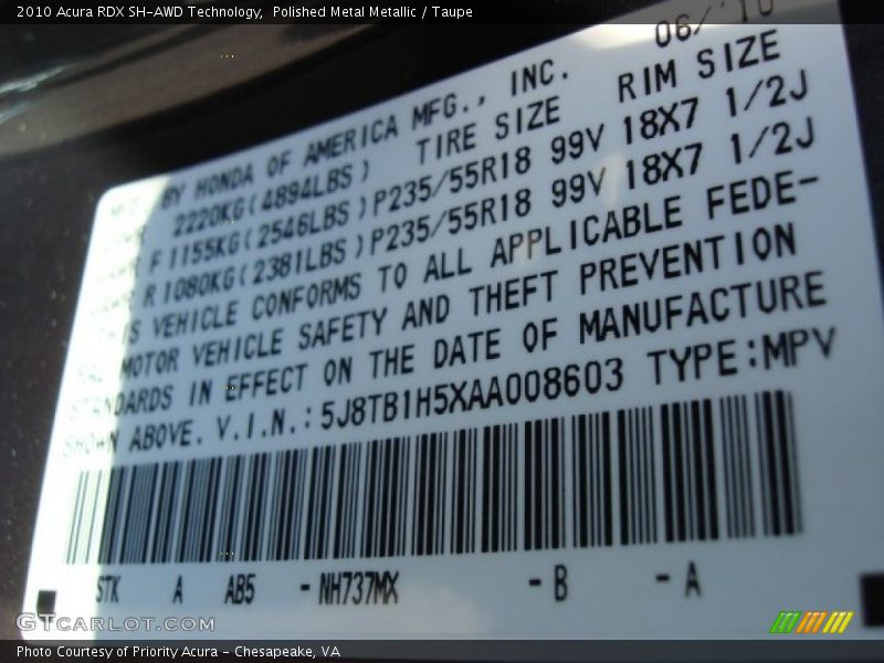 Polished Metal Metallic / Taupe 2010 Acura RDX SH-AWD Technology