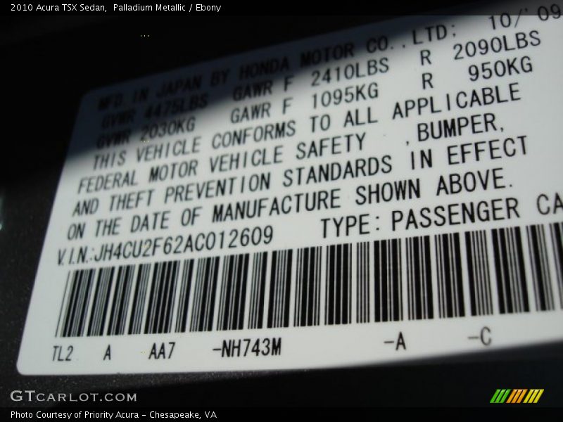 Palladium Metallic / Ebony 2010 Acura TSX Sedan