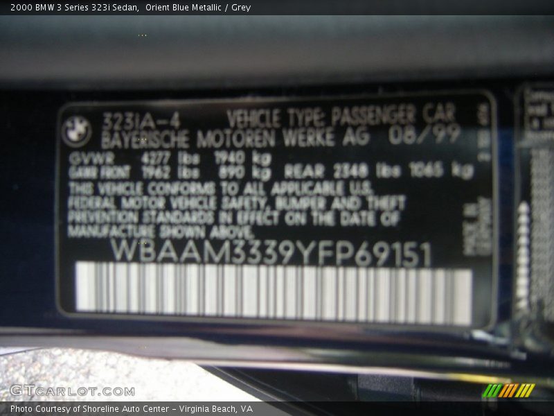 Orient Blue Metallic / Grey 2000 BMW 3 Series 323i Sedan