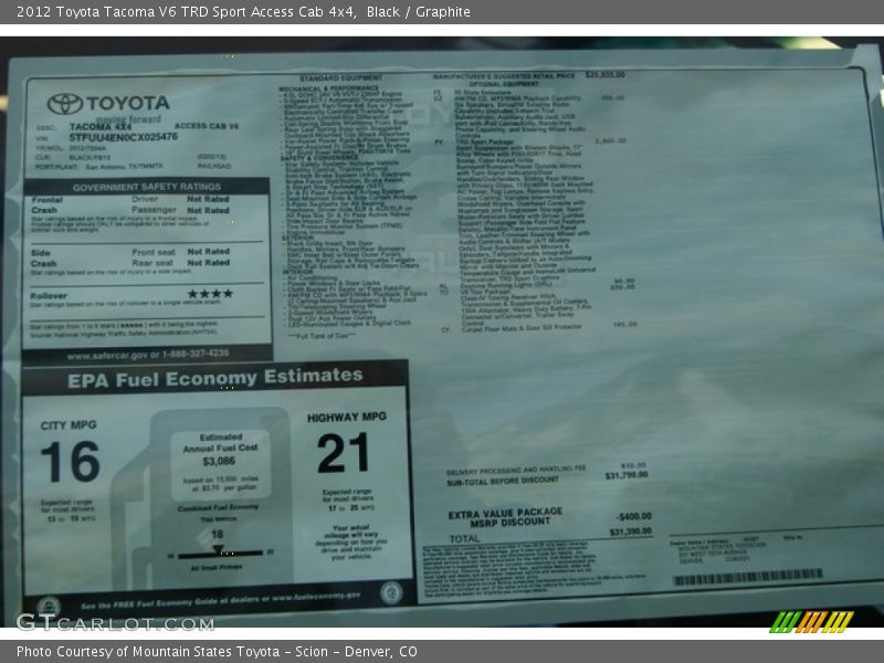  2012 Tacoma V6 TRD Sport Access Cab 4x4 Window Sticker