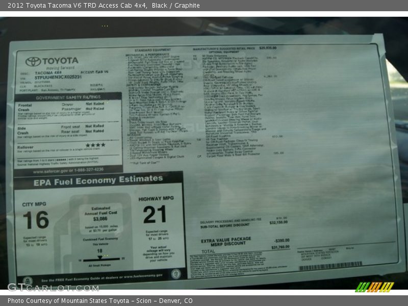 Black / Graphite 2012 Toyota Tacoma V6 TRD Access Cab 4x4