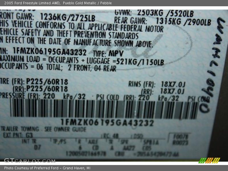 2005 Freestyle Limited AWD Pueblo Gold Metallic Color Code G3