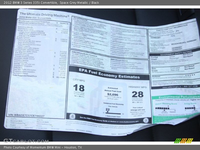  2012 3 Series 335i Convertible Window Sticker