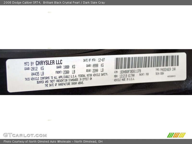 2008 Caliber SRT4 Brilliant Black Crystal Pearl Color Code PXR