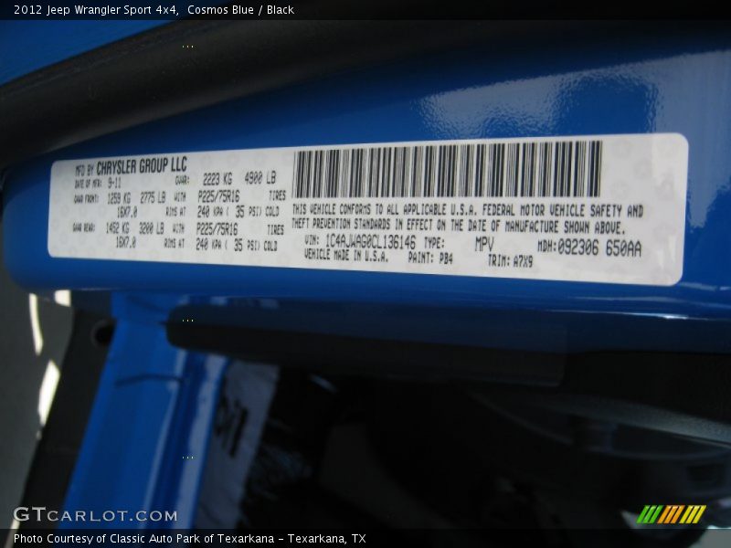 Cosmos Blue / Black 2012 Jeep Wrangler Sport 4x4