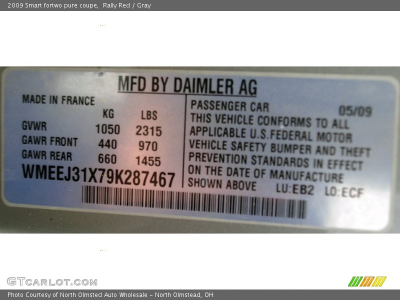 Info Tag of 2009 fortwo pure coupe