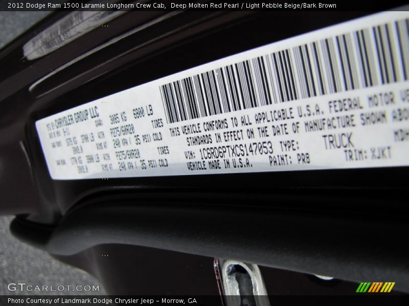 2012 Ram 1500 Laramie Longhorn Crew Cab Deep Molten Red Pearl Color Code PR8