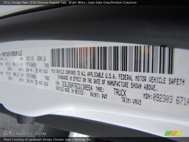 2012 Ram 1500 Express Regular Cab Bright White Color Code PW7