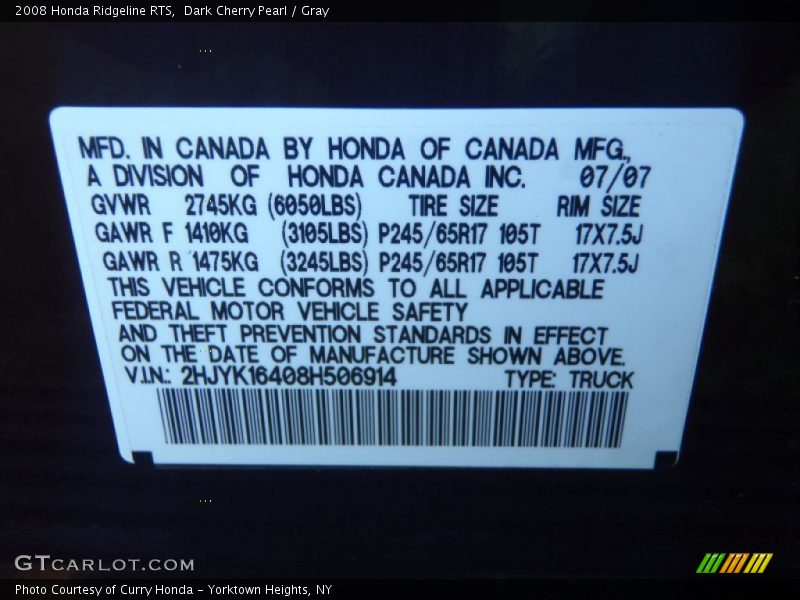 Dark Cherry Pearl / Gray 2008 Honda Ridgeline RTS