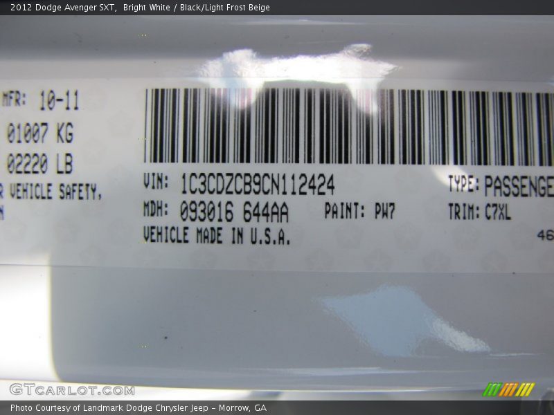 2012 Avenger SXT Bright White Color Code PW7