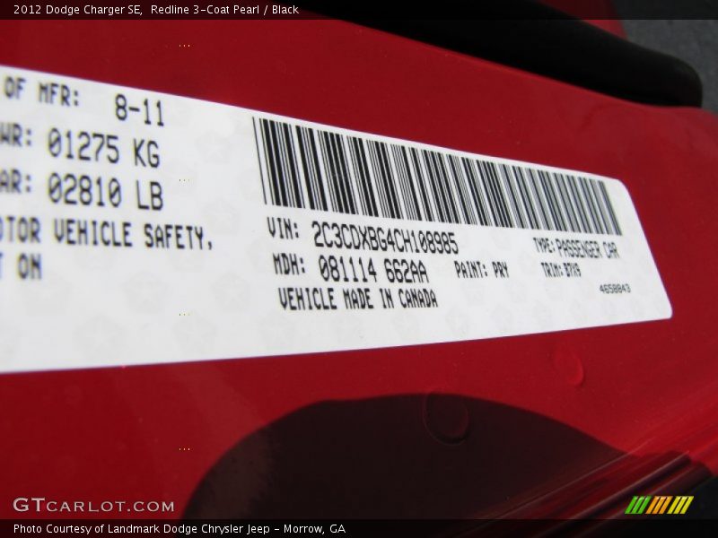 Redline 3-Coat Pearl / Black 2012 Dodge Charger SE