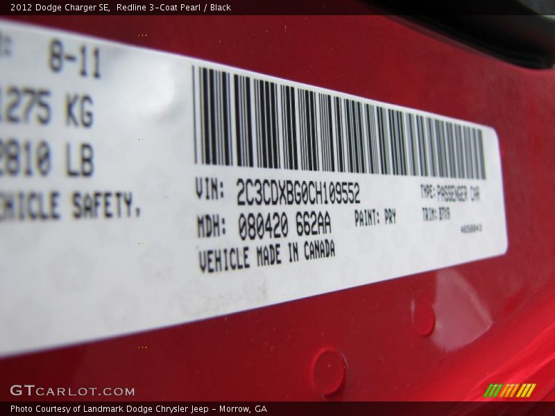 Redline 3-Coat Pearl / Black 2012 Dodge Charger SE
