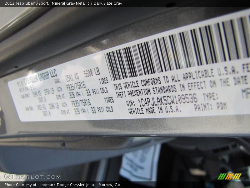 Mineral Gray Metallic / Dark Slate Gray 2012 Jeep Liberty Sport