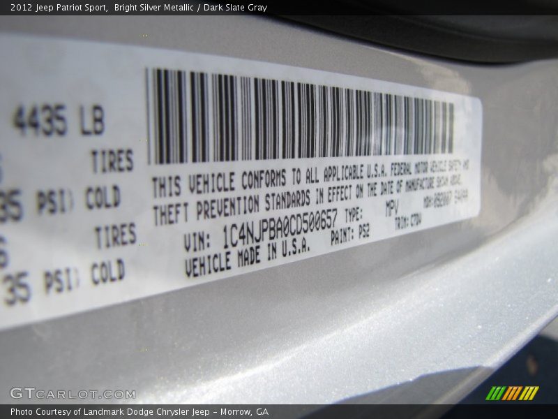 Bright Silver Metallic / Dark Slate Gray 2012 Jeep Patriot Sport