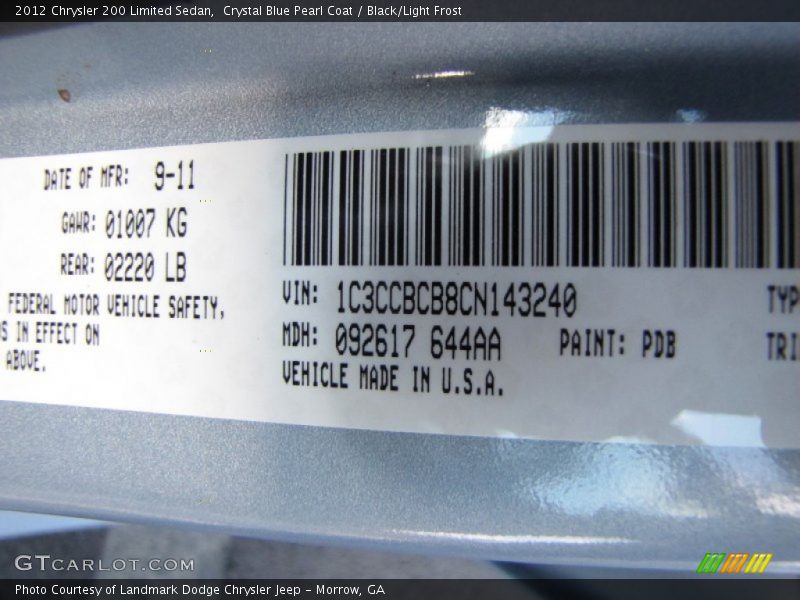 2012 200 Limited Sedan Crystal Blue Pearl Coat Color Code PDB