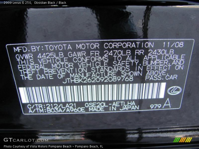 Obsidian Black / Black 2009 Lexus IS 250