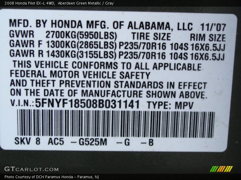 Aberdeen Green Metallic / Gray 2008 Honda Pilot EX-L 4WD