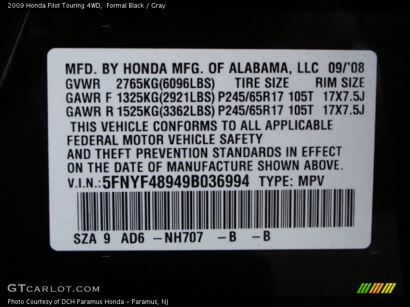 Formal Black / Gray 2009 Honda Pilot Touring 4WD