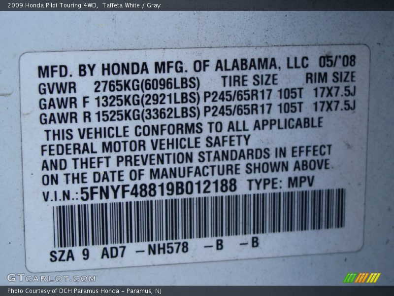 Taffeta White / Gray 2009 Honda Pilot Touring 4WD