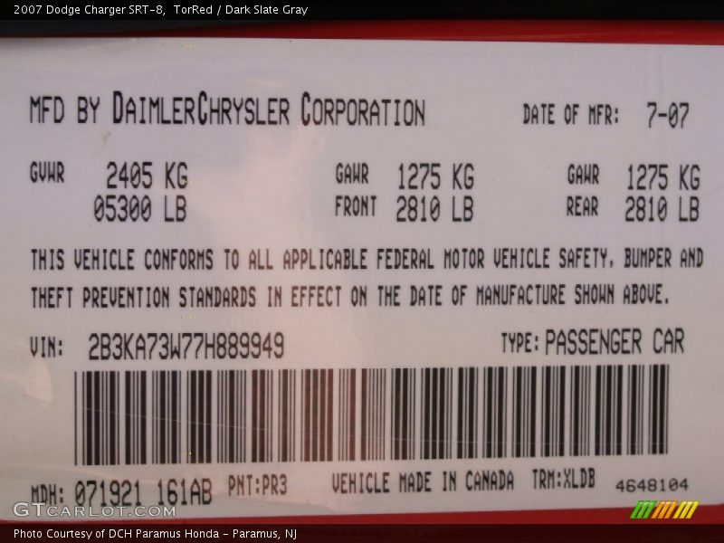 2007 Charger SRT-8 TorRed Color Code PR3