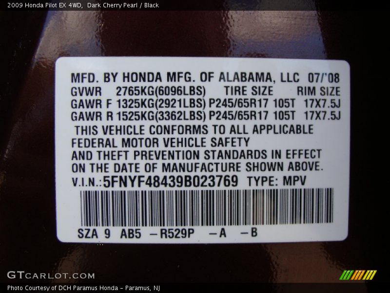 Dark Cherry Pearl / Black 2009 Honda Pilot EX 4WD