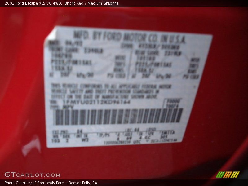 Bright Red / Medium Graphite 2002 Ford Escape XLS V6 4WD