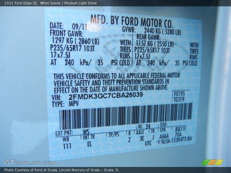 2012 Edge SE White Suede Color Code WS